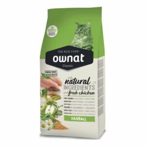 Ownat Classic Hairball, sa formule inclut des extraits de malte et de fibres végétales qui limitent la perte de poils et favorisent l’évacuation.
