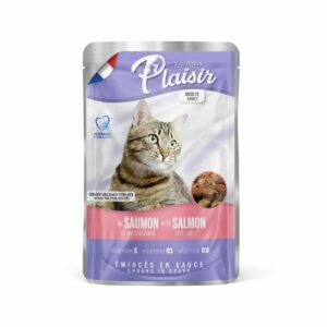 pochon plaisir au saumon pour chat adulte sachet de 100 grammes.